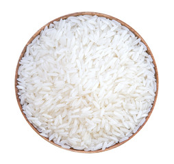 White rice in a wooden bowl isolated on white background, clipping included