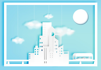Beautiful cityscape paper art style with cotton cloud vector illustration