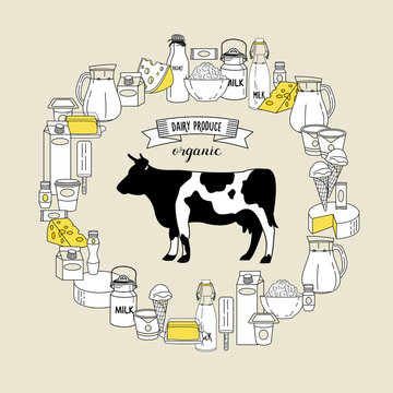A cow and a large set of dairy products oriented in a circle.