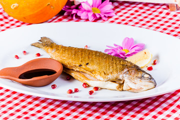 Grilled trout on white plate with pomegranate sauce