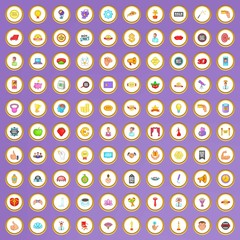 100 advertising icons set in cartoon style