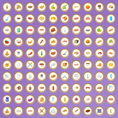 100 barbecue icons set in cartoon style