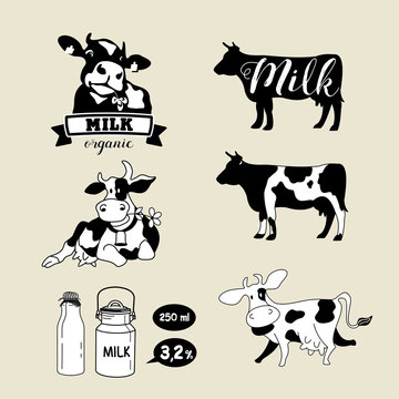 Set cow and milk labels, emblems and design elements.