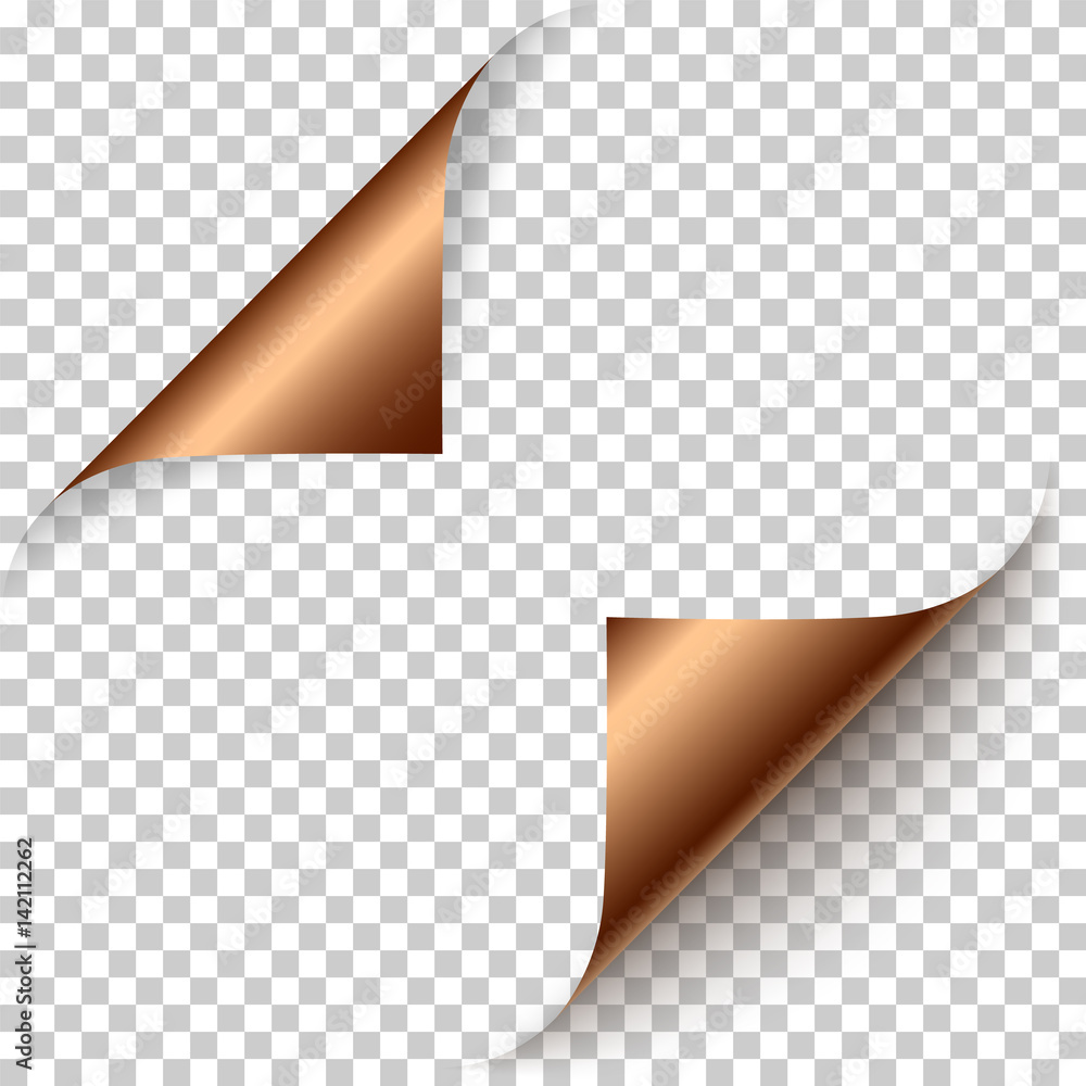 Poster vector realistic bronze foil paper corners set with soft shadow on transparent background. 3d page c