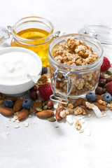 homemade granola with berries and nuts on white table, vertical