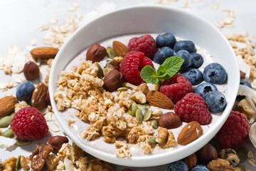 homemade muesli with yogurt and berries, closeup