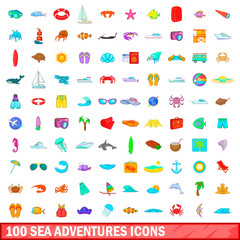 100 sea adventures icons set, cartoon style