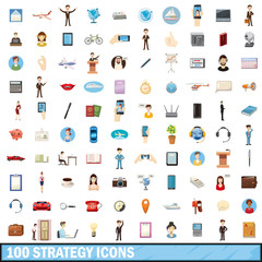 100 strategy icons set, cartoon style