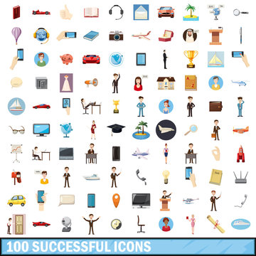 100 successful icons set, cartoon style