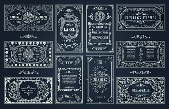 Vintage set retro cards. Template greeting card wedding invitation. Line calligraphic frames