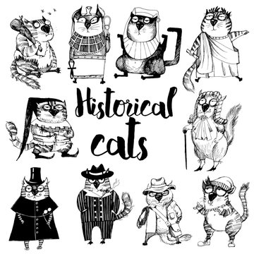 Set of historical funny cats.Vector sketch illustration. 