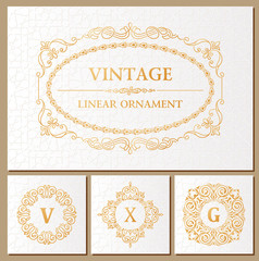 Vintage set retro cards. Template greeting card wedding invitation. Line calligraphic frames