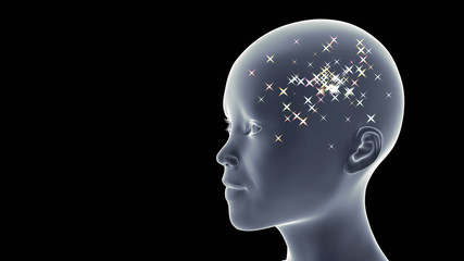 child with colourful bright stars in its head in front of a black background (conceptual 3d illustration) 