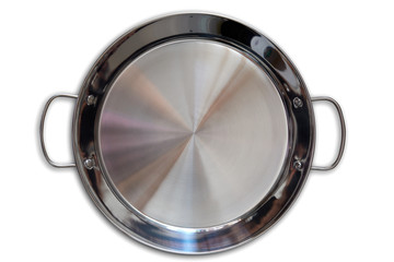 Paella pan in stainless steel on white