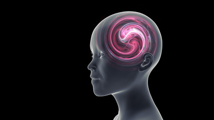 child’s head with a colourful swirl symbolizing dreams, confusion, complexity, learning, creativity and much more (conceptual 3d illustration on a black background)