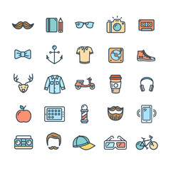 Hipster Icon Color Thin Line Set. Vector