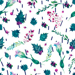 Fototapeta premium leaves and flowers seamless pattern. Hand painted illustration on geometric background