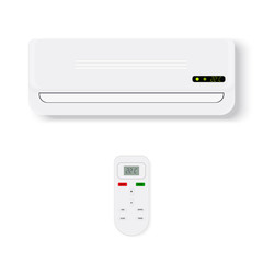 Split system air conditioner.Realistic conditioner with remote control. Vector illustration isolated on white background