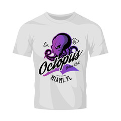 Vintage American furious octopus bikers club tee print vector design isolated on white t-shirt mockup.Premium quality wild cephalopod mollusk superior logo concept illustration.