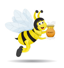 cartoon bee, holding and showing honey in clay pot