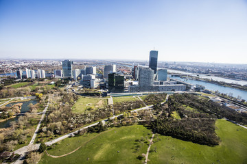 Aerial view of danube river, donauinsel island and vienna international center