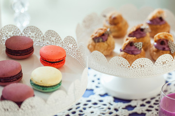 Macaroons Biscuits On White Stand.