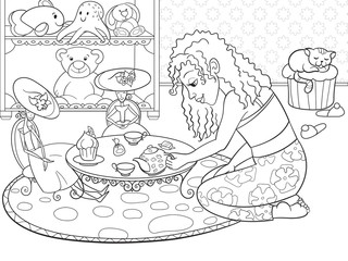 Children coloring vector girl in childrens room playing with dolls
