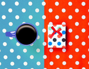 photo of cup of coffee and cute gift on the wonderful colorful dotted background in pop art style