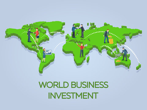 New ideas, search for investor, increased profits. Business startup work moments flat banner. People on the world map 3d. Business situation. Businessman and businesswoman enter into a contract