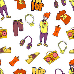 Seamless pattern concept of hip-hop. Graffiti wall rap template. Vector image. Printed publications, posters, videos, mobile applications, web sites and print projects.
