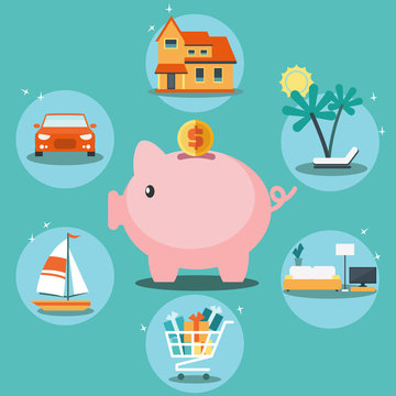 Piggy bank and 6 icons: house, car, yacht, shopping cart, furniture and holiday. Saving and investing money and financial planning vector concept