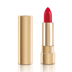 Beautiful red lipstick with lid in gold. Makeup realistic cosmetic vector illustration isolated on white.