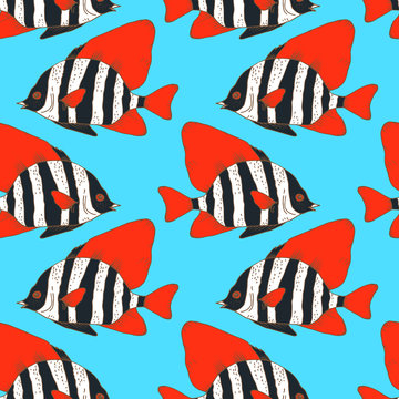 Vector seamless pattern with zebra fish, coral fish hand drawn colorful illustration. Sketch with black and white striped boarfish, marine animal