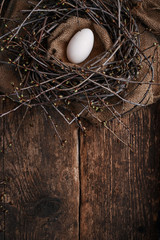 One big egg in the nest with spring branches, on an old wooden table