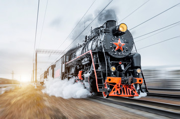 Vintage black steam locomotive train rush railway