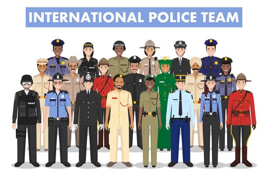 International police people concept. Detailed illustration of SWAT officer, policeman, policewoman and sheriff in flat style on white background. Vector illustration.