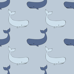 Whales. Vector seamless pattern in the style of the cartoon