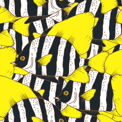 Vector seamless pattern with zebra fish, coral fish hand drawn colorful illustration. Sketch with black and white striped boarfish, marine animal