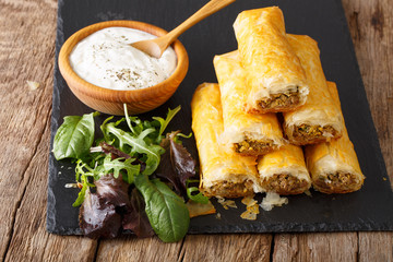 Crispy rolls borek with minced meat and eggs close-up on the table. horizontal