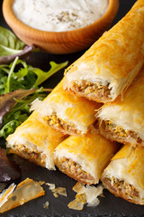 Filo rolls with meat, eggs and greens close-up and yogurt. vertical