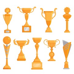 Vector flat golden goblet icon set in flat style. Winner award.  Golden trophy