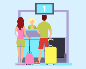 Tourists check in at the airport for an airplane. Vector illustration