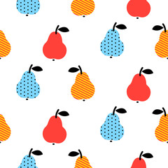 Fototapety  Dotted pear seamless blue and red pattern on white. Pop art summer fruit background.