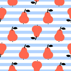 Red pear seamless blue striped pattern on white. Summer fruit cute kid repeat background.