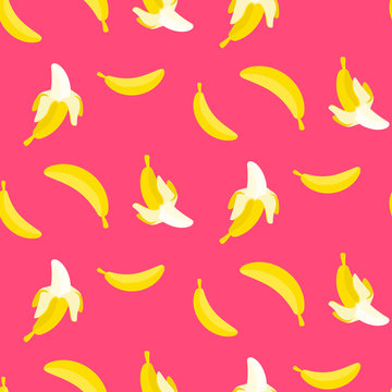 Bananas on pink seamless vector pattern. Juicy summer fruit background.