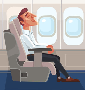 Passenger man character sitting in chair and relax in business class. Vector flat cartoon illustration