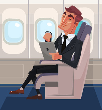 Passenger man character sitting in chair and relax in business class using tablet. Vector flat cartoon illustration