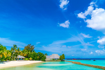 Beautiful tropical Maldives island with white sandy beach and sea .