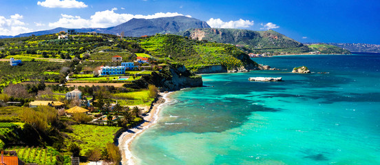 Most beautiful places of Crete island- Almyrida with turquoise beach. Greece - obrazy, fototapety, plakaty