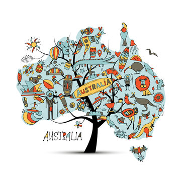 Australian map tree with icons set, sketch